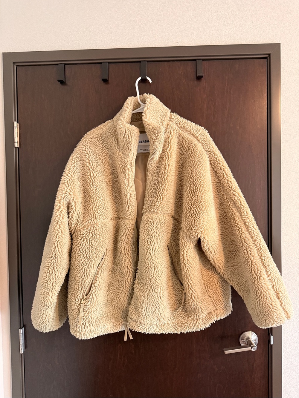 Bershka Men's Beige Teddy Sherpa Puffer Jacket
